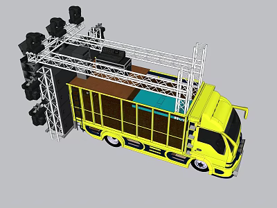 Yellow Mobile Stage Truck Equipped With Stage Truss And Speakers 3d model