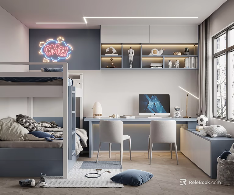Modern Kids Room Interior Design with Bunk Bed Desk Chairs Neon Sign and Shelves 3d model 