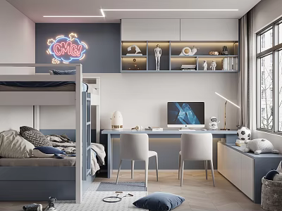 Modern Kids Room Interior Design with Bunk Bed Desk Chairs Neon Sign and Shelves 3d model