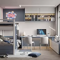 Modern Kids Room Interior Design with Bunk Bed Desk Chairs Neon Sign and Shelves