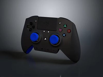 Black Game Controller with Blue Thumbsticks and Multi Colored Action Buttons Design 3d model