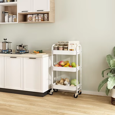 Kitchen Interior With White Cabinets And Three Tier Rolling Cart Holding Fruits Vegetables And Jars 3d model
