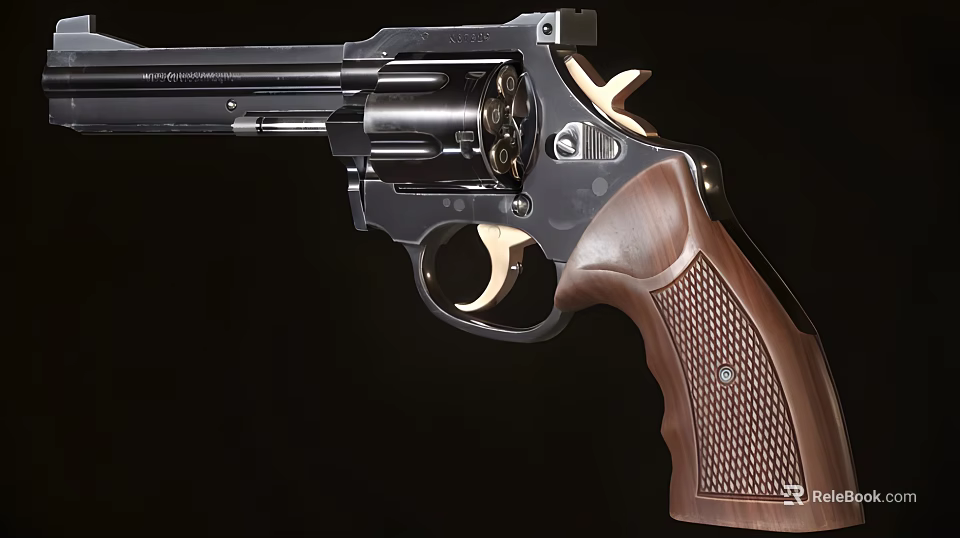 Classic Revolver Handgun With Wooden Textured Grip And Metal Body Design 3d model 