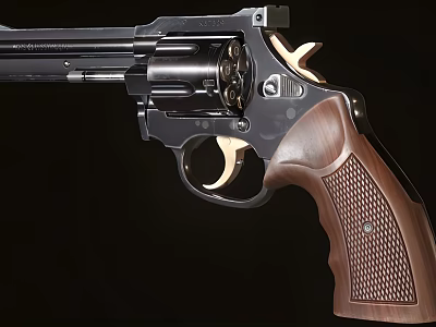 Classic Revolver Handgun With Wooden Textured Grip And Metal Body Design 3d model