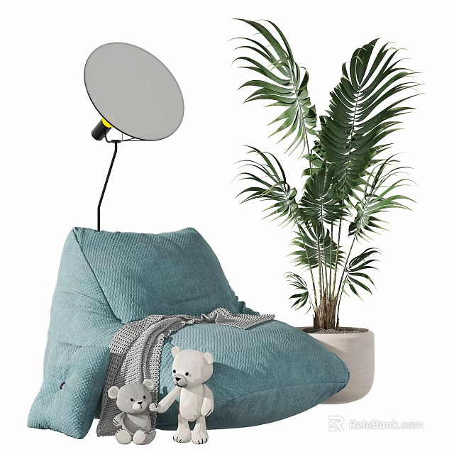 Cozy Teal Bean Bag Chair With Gray Blanket Teddy Bear Palm Plant And Floor Lamp 3d model 