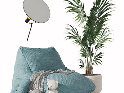 Cozy Teal Bean Bag Chair With Gray Blanket Teddy Bear Palm Plant And Floor Lamp 3d model