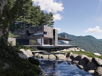 Modern Detached Villa Surrounded by Trees With Pond Stones and Distant Mountains Under Blue Sky 3d model