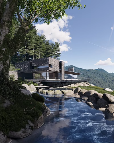 Modern Detached Villa Surrounded by Trees With Pond Stones and Distant Mountains Under Blue Sky 3d model