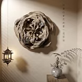 Natural Wooden Wall Decoration With Intricate Carving Lantern Light And Potted Plant