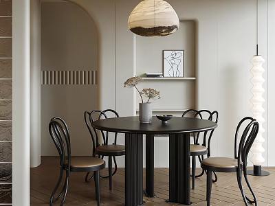 Modern Round Black Dining Table Set With Black Metal Chairs And Pendant Lamp 3d model