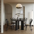 Modern Round Black Dining Table Set With Black Metal Chairs And Pendant Lamp