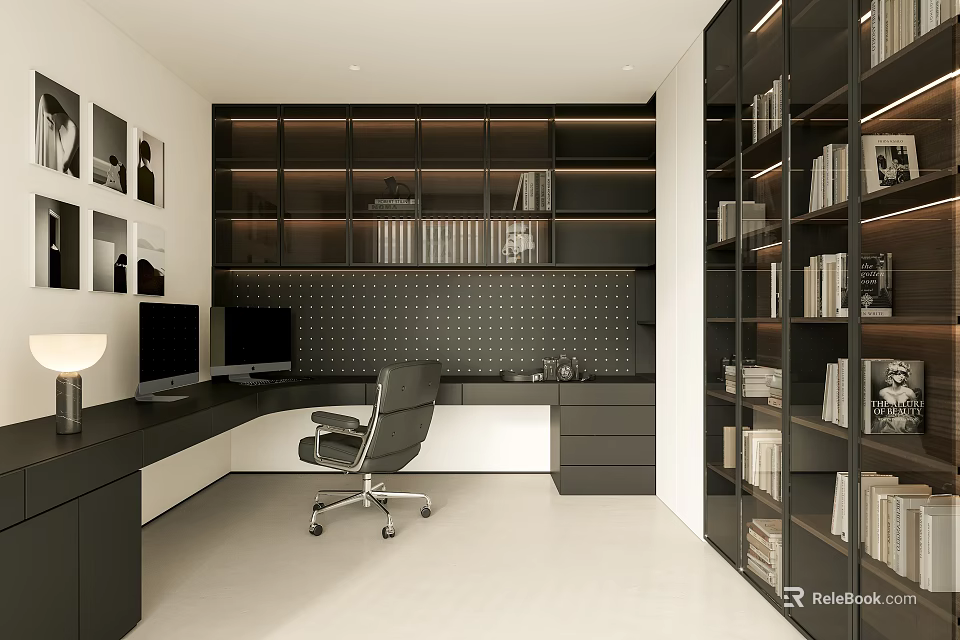 Modern Study Room With Built In Shelves Desk And Office Chair 3d model 