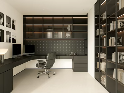Modern Study Room With Built In Shelves Desk And Office Chair 3d model