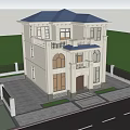 Classic White Detached Villa Exterior With Large Windows Balcony People At Entrance And Trees Around