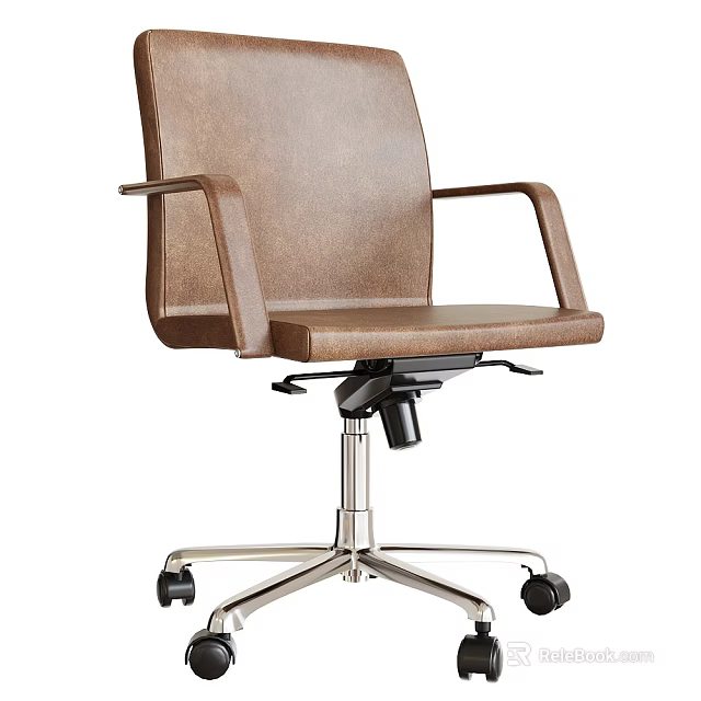 Modern Brown Leather Office Chair With Adjustable Armrests Metal Base And Wheels 3d model 