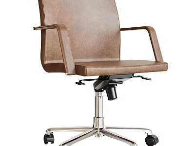 Modern Brown Leather Office Chair With Adjustable Armrests Metal Base And Wheels 3d model