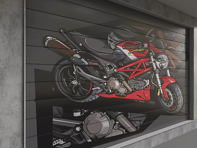 Slatted Background Wall Featuring Red Motorcycle Artwork For Modern Interior Decor 3d model