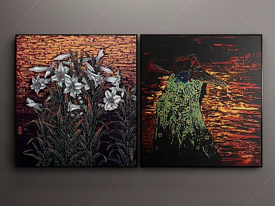 Vibrant Wall Art Paintings Featuring White Flowers And Abstract Figure With Colorful Backgrounds 3d model