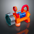 Vibrant Orange Mechanical Play Device With Red Handles Blue Components And Gray Gear Structure