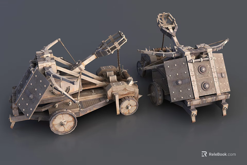 Ancient Wheeled Mechanical Siege Weapons With Wooden Frames And Metal Plates 3d model 