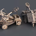 Ancient Wheeled Mechanical Siege Weapons With Wooden Frames And Metal Plates