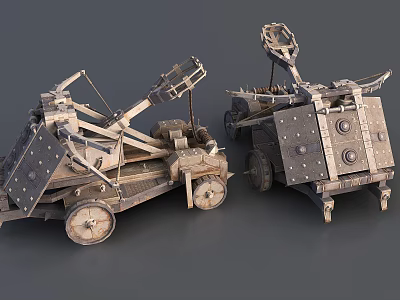 Ancient Wheeled Mechanical Siege Weapons With Wooden Frames And Metal Plates 3d model