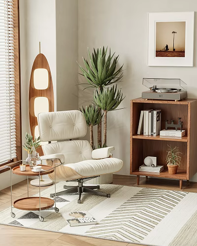 White Leather Leisure Chair In Modern Home Setting With Green Plant And Bookshelf 3d model