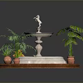 Outdoor Decorative Fountain With Stone Statue And Potted Green Plants On Circular Base