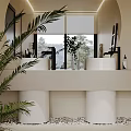 Modern Bathroom Vanity With White Sinks Black Faucets Green Plants And Window View