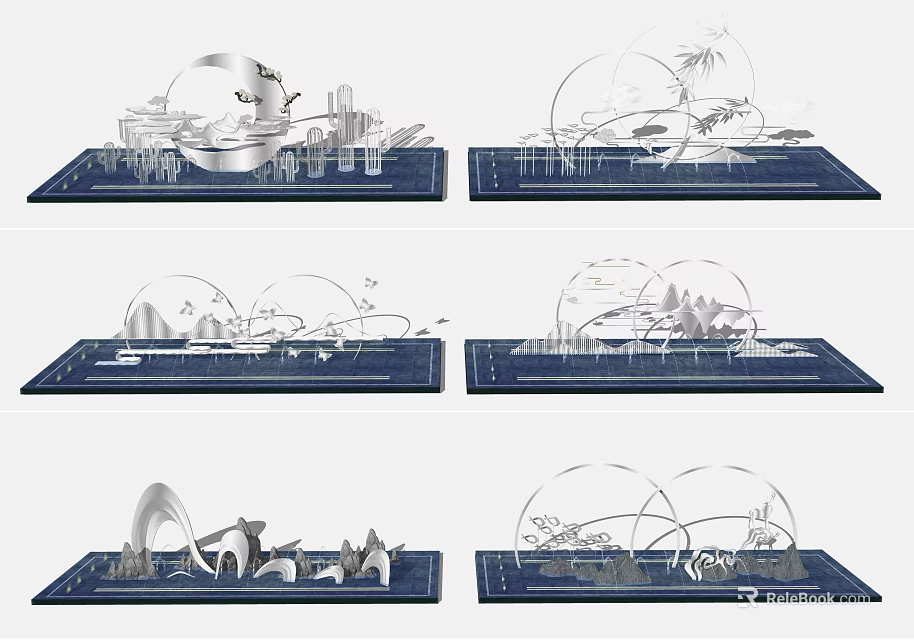 Modern Metal Sculpture Featuring Cityscape Natural Elements Geometric Shapes Blue Base 3d model 