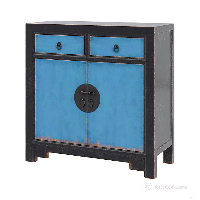 Blue And Black Storage Cabinet With Two Drawers And Circular Black Handle 3d model 