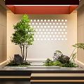 Indoor Landscape Design With Green Trees Rocks Grid Panel And Soft Lighting 3d model