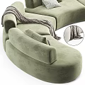 Modern White and Green Curved Sofa with Pillows and Blanket for Interior Design