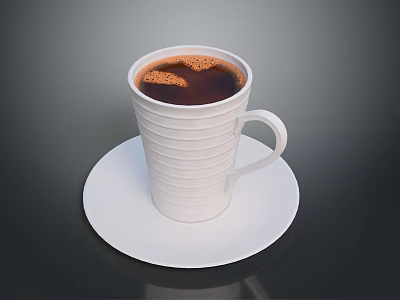 Freshly Brewed Coffee In White Striped Cup With Foam Art On White Saucer 3d model