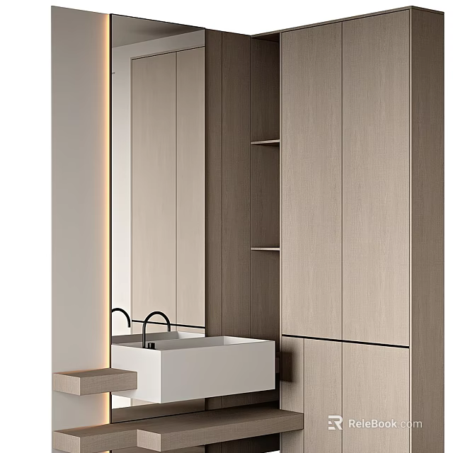 Modern Washbasin Design With Wooden Cabinets Mirror And Floating Shelves 3d model 