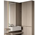 Modern Washbasin Design With Wooden Cabinets Mirror And Floating Shelves