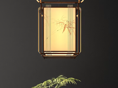 Chinese Style Square Chandelier With Bamboo Pattern Golden Frame And Dark Wall Green Plant 3d model