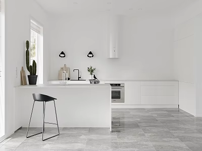 Minimalist White Kitchen Interior With Island Counter White Cabinets And Black Stools 3d model