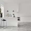 Minimalist White Kitchen Interior With Island Counter White Cabinets And Black Stools