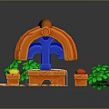 Cartoon Hut Scene With Orange Roof Red Cover Blue Supports Green Plants And Orange Stones