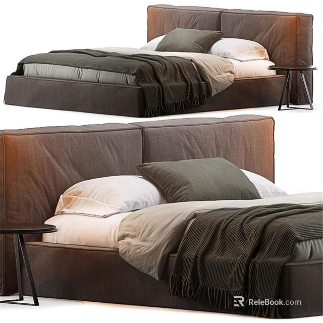Comfortable Double Bed With Brown Upholstered Headboard White Pillows Green Blanket And Nightstand 3d model 