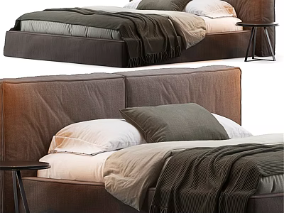 Comfortable Double Bed With Brown Upholstered Headboard White Pillows Green Blanket And Nightstand 3d model