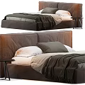 Comfortable Double Bed With Brown Upholstered Headboard White Pillows Green Blanket And Nightstand