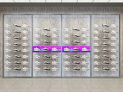 Clothing Store Shoe Display Wall With Neatly Arranged Shoes And Pink Highlighted Sections 3d model