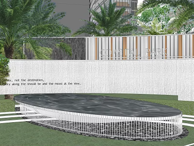 Garden Ornament Featuring Circular Platform Surrounded By Palm Trees And White Wall 3d model
