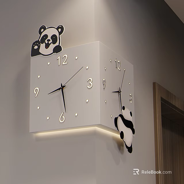 Square Panda Themed Wall Clock With Illuminated Edge And Clear Numbers 3d model