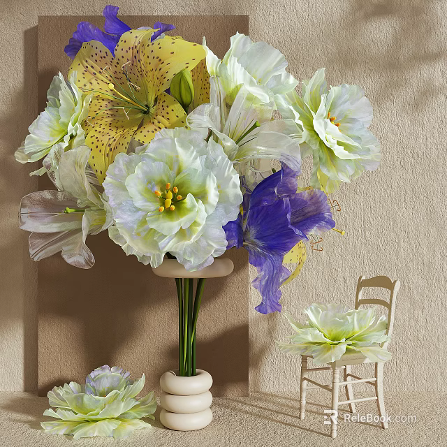 Elegant Floral Display With Yellow Lilies White Peonies Purple Irises White Vase And Mini Chair 3d model 