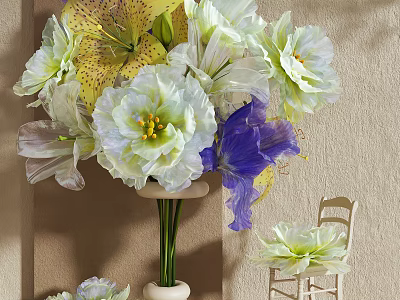 Elegant Floral Display With Yellow Lilies White Peonies Purple Irises White Vase And Mini Chair 3d model