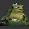 Green Frog Sculpture Sitting On Leaf With Yellow Eyes Black Spots And Candle On Head