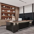 Modern Office Interior With Large Wooden Desk Bookshelves And Floor to Ceiling Windows